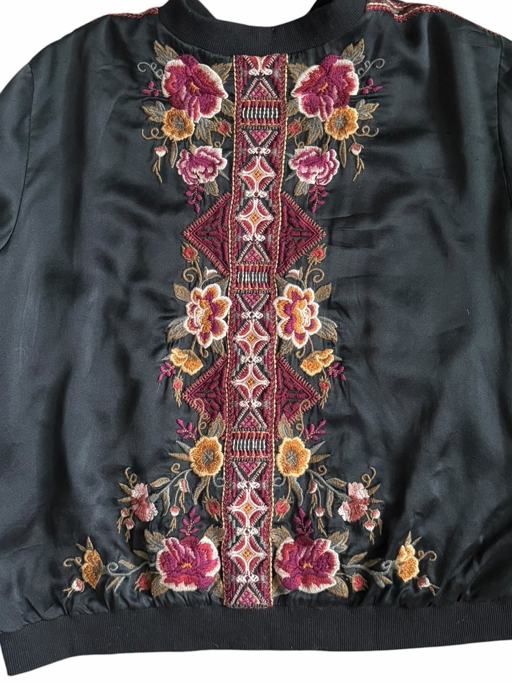 Johnny Was Black Nepal Silk Blend Bomber Jacket with Floral Embroidery L - Picture 12 of 14